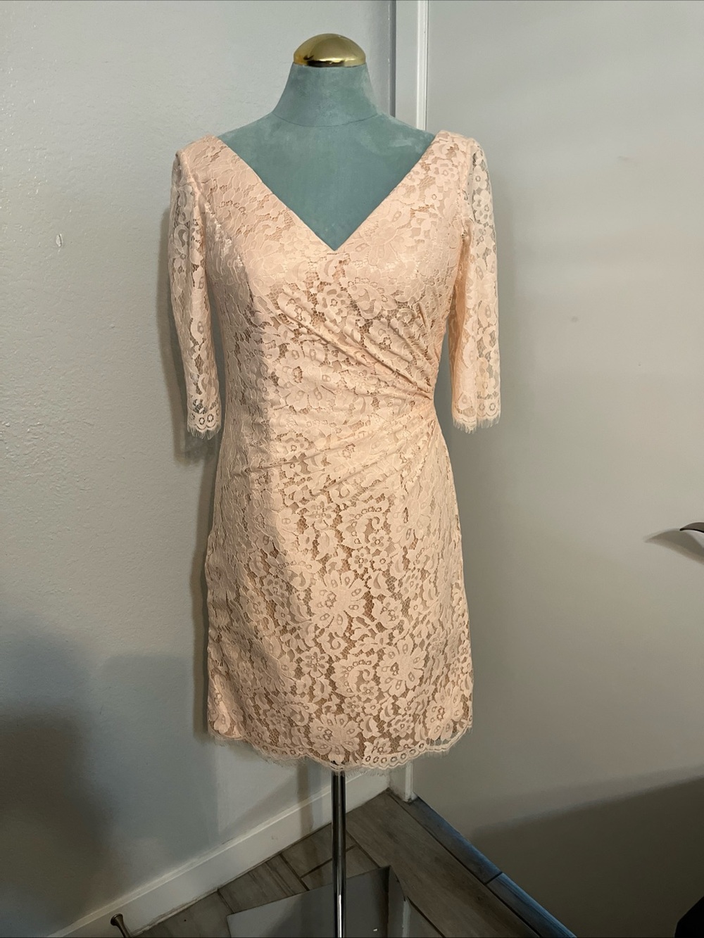 Christina Wu Blush Lace Midi Dress with V-Neck Size 8